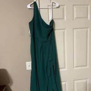 Off the shoulder dress. Color is juniper from David’s Bridal.
